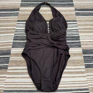 La Blanca Women's Halter Neck Plunge One Piece Swimsuit Brown Size 16